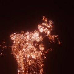 Manama city lights map, top view from space. Aerial view on night street lights. Global networking, cyberspace