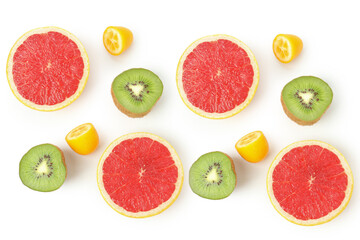 Flat lay with exotic fruits on white background