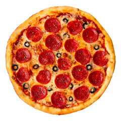 Isolated pepperoni pizza with salami and olives on white background