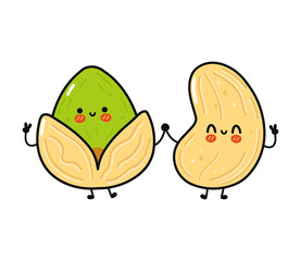 Cute, funny happy pistachio and cashew character. Vector hand drawn cartoon kawaii characters, illustration icon. Funny cartoon pistachio and cashew friends concept
