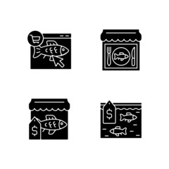 Seafood product selling black glyph icons set on white space. Fishing industry. Fish market and online shop. Marine products supermarket. Silhouette symbols. Vector isolated illustration