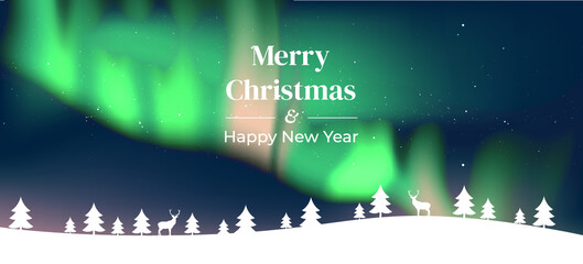 Winter landscape with fir trees, snow, deers, houses. Merry Christmas and Happy New Year background - 459686368
