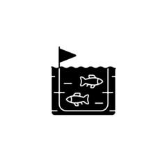 Fish farming black glyph icon. Pisciculture production industry. Fish breeding in tanks and ponds for trade. Seafood producing. Silhouette symbol on white space. Vector isolated illustration