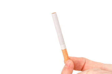 Hand holding cigarette on white isolated background.