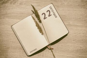 december 22. 22th day of month, calendar date.Blank pages of notebook are beige, with dried spikelets. Concept of day of year, time planner, winter month.
