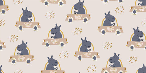 Vector seamless pattern with hippos driving a car with polka dots. Scandinavian style kids pattern, perfect for kids textile, print for boys and girls