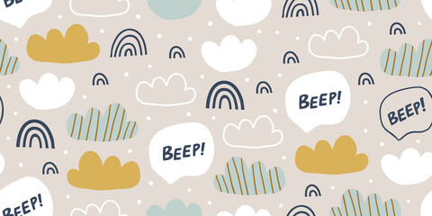 Kids hand drawn colorful seamless pattern with rainbows, clouds, beep sign. Scandinavian design. Print for babys design. Kids pattern