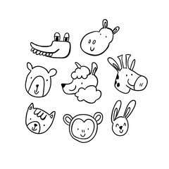 Hippo, giraffe, bear, cat, monkey, lama, rabbit, crocodile round face head icon set - ink black and white doodle style. Cute farm, forest animals. Cute cartoon character. Funny baby kids print