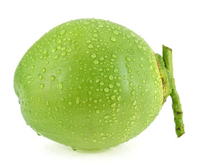 Green coconut with drops of water isolated on white background.