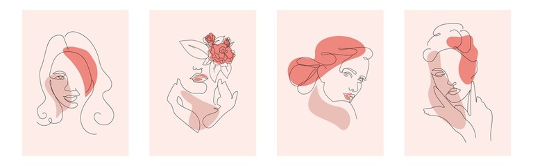 Female linear art portraits set. Logos for beauty salons, abstract vector portraits of women.