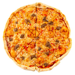 Isolated fresh baked meat pizza with beef on white background