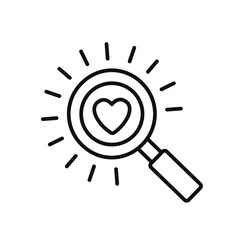 Love Searching line icon. Magnifying glass with heart. Thin line customizable illustration. Contour symbol. Vector isolated outline drawing. Editable stroke