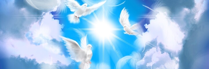 The flying three white doves around shining heaven and the background of the clouds in beautiful blue sky	