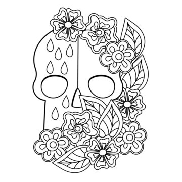 Coloring book . Skull and flowers. Hand Drawn Black and white design.