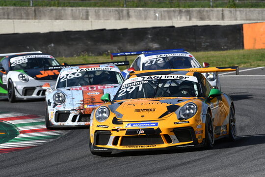 Mugello Circuit, Italy - 23 September 2021: Porsche Carrera 991 GT3 Cup in action at Mugello Circuit during Porsche Sport Cup Suisse event 2021 driven by unknown. Italy.