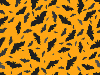 Halloween seamless pattern with black silhouettes of bats on an orange background. Design for wrapping paper, banners and advertising materials. Vector illustration