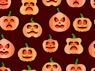 Halloween pumpkin seamless pattern. Festive background with scary pumpkins for Halloween. Jack-o lantern for wrapping paper, banners and advertising materials. Vector illustration