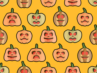 Halloween pumpkin seamless pattern. Festive background with scary pumpkins for Halloween. Jack-o lantern for wrapping paper, banners and advertising materials. Vector illustration