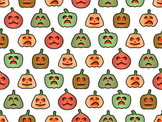 Halloween pumpkin seamless pattern. Festive design with scary pumpkins for Halloween on white background. Jack-o lantern for wrapping paper, banners and advertising materials. Vector illustration