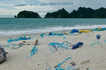 Plastic waste from the sea on the beech of Tanjung Rau Beach of Langkawi, Malaysia