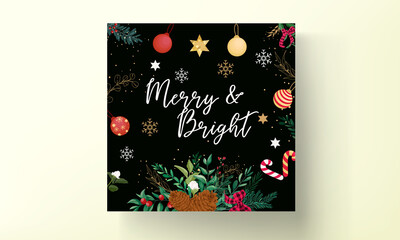 Elegant christmas card design with christmas ornaments and beautiful leaves