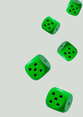 flying object green dice.white background.uncertainty and hazard idea concept design