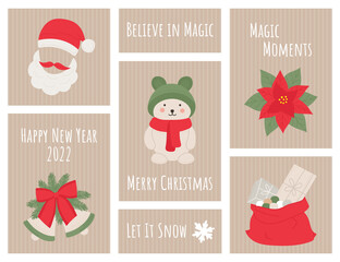 Christmas New Year lable, tag, postcard, invitation, poster with quoutes, santa, bells, bear, gifts.