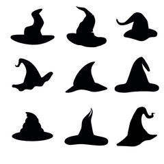 Witch hats icon vector set. Halloween illustration sign collection. Black hat symbol or logo.