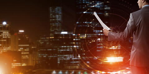 Digital background with infographs and man extending papers or contract