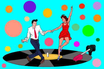A young couple, dressed in 1970s fashion, performing a swing dance. Disco. Vinyl record on a turquoise background. - obrazy, fototapety, plakaty
