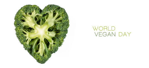 World Vegan Day  banner design with heart shaped fresh broccoli. Vegetarian day concept - obrazy, fototapety, plakaty