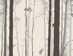 Vector background with a picture of a forest and a deer. Neutral colors. 
