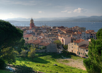 Obraz premium Aerial View To The Old Town Of Saint Tropez With The Bay In The Background In Provence France On A Beautiful Autumn Day With A Clear Blue Sky