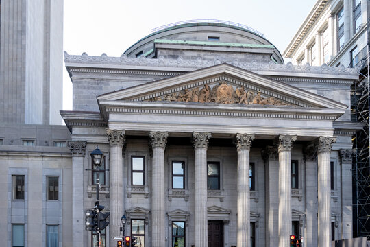 Montreal, QC, Canada - September 4, 2021: Old Bank of Montreal main branch building in Montreal, Quebec, Canada. Founded in 1817, the Bank of Montreal is Canada&rsquo;s first bank. 