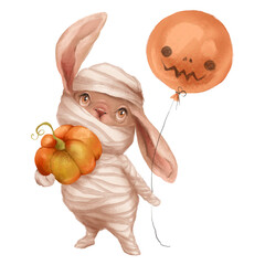 Cute Halloween bunny in mummy costume with pumpkin and holiday balloon