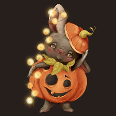 Cute Halloween bunny in pumpkin costume with lights