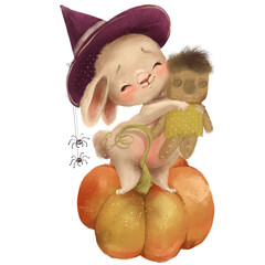 Cute Halloween bunny in witch hat with a scary doll and pumpkin