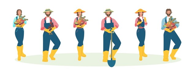 People engaged in agriculture. Set of farmers vector characters in flat style. Men and women from the village.