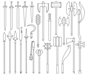 Medieval weapon isolated outline set icon. Vector outline set icon knight sword. Vector illustration medieval weapon on white background.