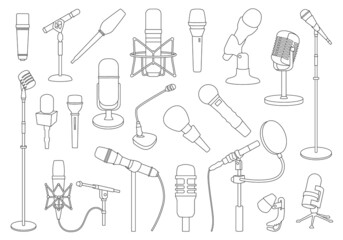 Microphone vector illustration on white background. Vector outline set icon music mic. Isolated outline set icon microphone . - obrazy, fototapety, plakaty