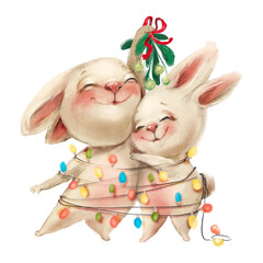 Cute Christmas bunnies with mistletoe and lights - 459695518