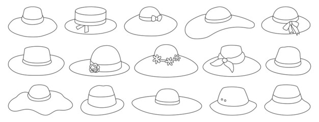 Fototapeta premium Summer hats isolated outline set icon. Vector illustration sun cap on white background. Vector outline set icon summer hats .