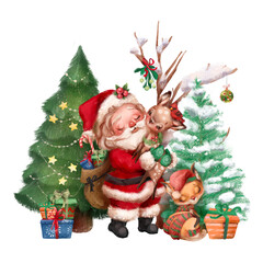 Cute Santa Claus with a little deer, fox, tree and gifts stack