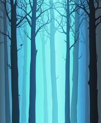 Vector natural background with trees and bird. Blue tones 
