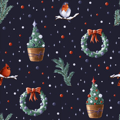 Seamless Christmas pattern with Christmas tree, wreath, winter birds, stars, fir tree branches, Christmas toys on black background. The endless backdrop for holiday decoration, gift wrapping