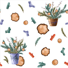 Seamless winter pattern with winter bouquets of fir-tree branches, twigs, and Christmas toys in buckets and baskets, knitwears, woodcut rings, and other winter elements on white background. Endless
