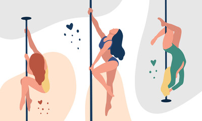 Poster with girls performing pole dance on the colourfule background