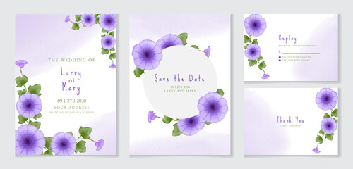 Hand drawn wedding invitation set with beautiful purple morning glory flower and leaves