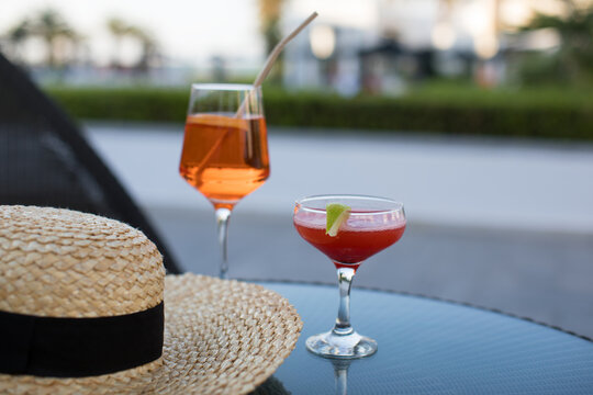 Glass Of Aperol Spritz Cocktail And Strawberry Daiquiri