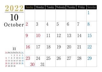 2022年　シンプルカレンダーモノトーン　10月